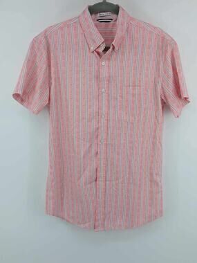 Pink short sleeve button-down shirt, striped pattern, Four Way Stretch brand